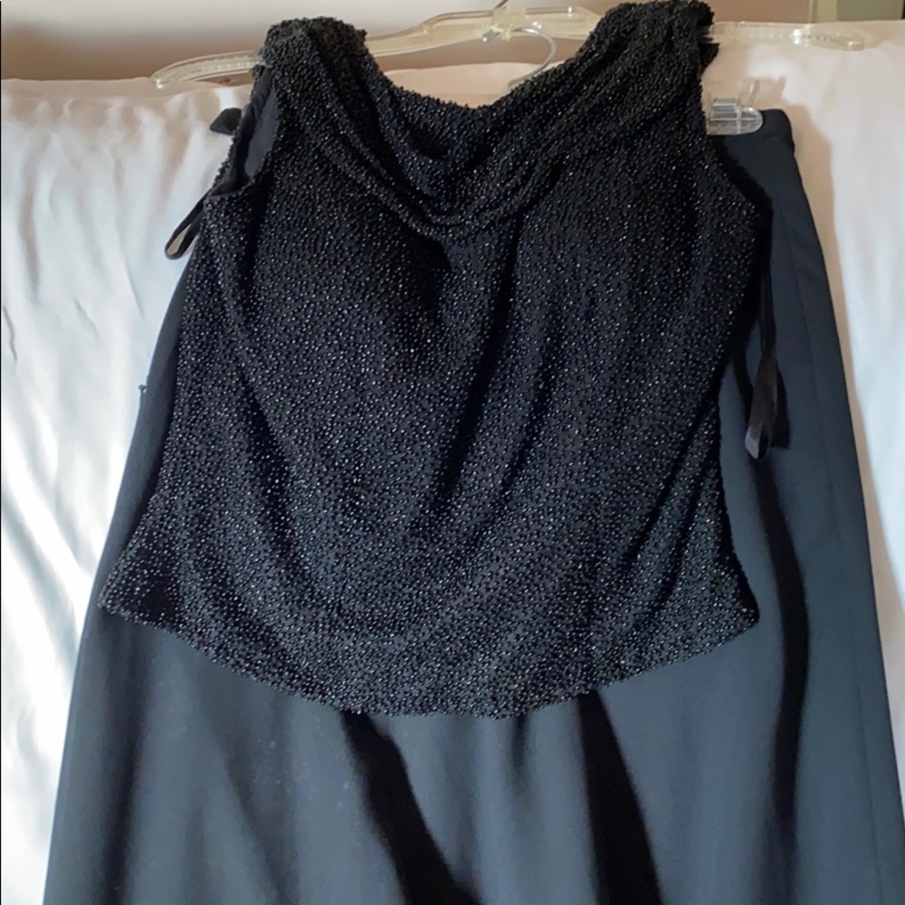 Black beaded backless top and long crepe skirt